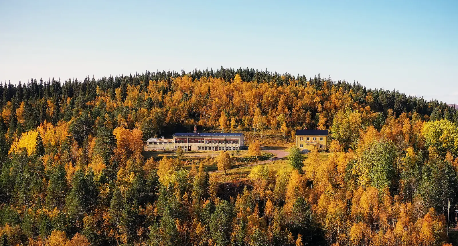 Aerial view of ÁILU Arctic Hotel Apartments nestled in vibrant autumn forest in Lannavaara, Swedish Lapland, surrounded by colorful birch and pine trees under a clear blue sky