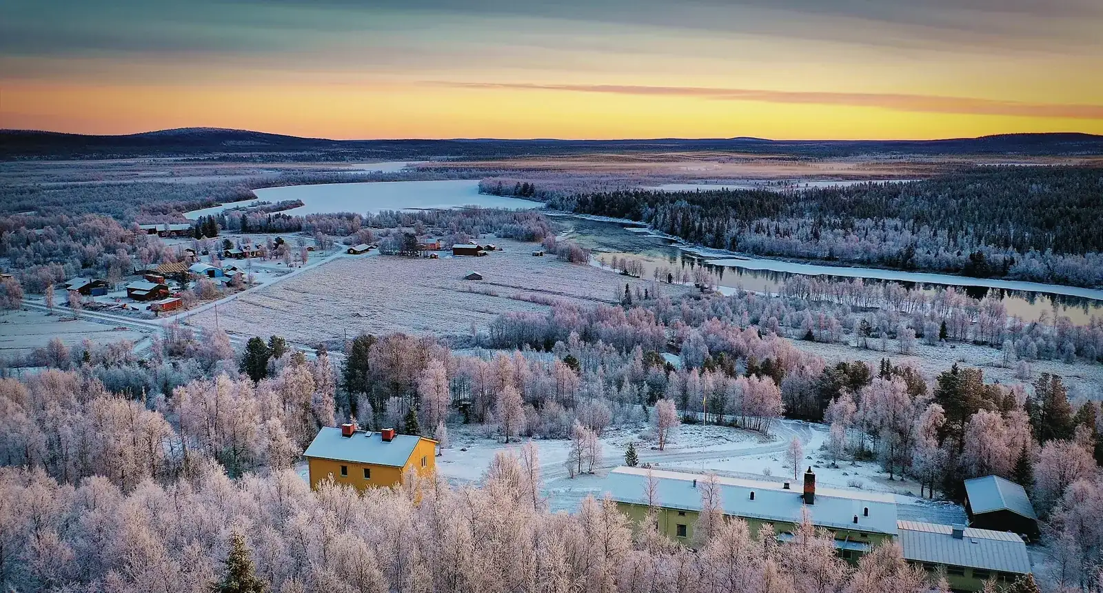 Panoramic view over the Lainio River valley from ÁILU in Lannavaara, Swedish Lapland, near Kiruna and along the route to Tromsø and Nordkapp